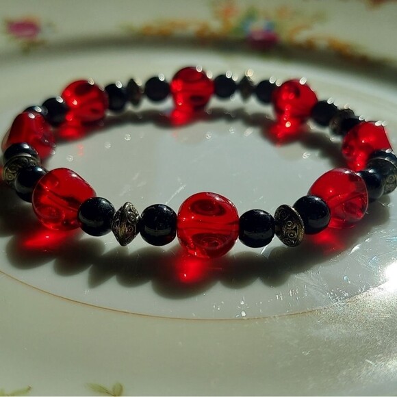 Handmade Red, Black, Silver Bracelet - Picture 11 of 12